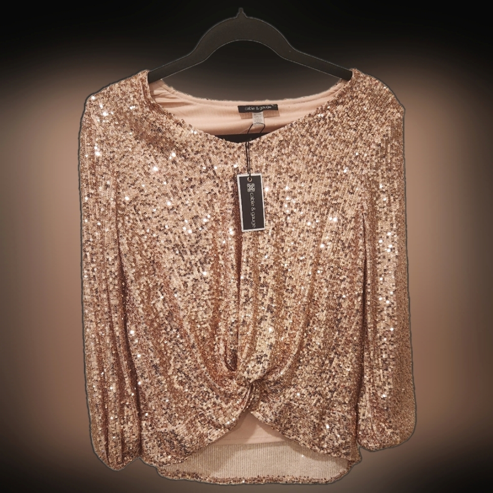 Cable and Gauge Gold Sequin Top Blouse Size S NWT